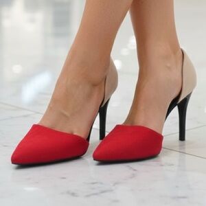 Chinese Laundry COLORBLOCK RED TAN BLACK D’ORSAY PUMPS HEELS SZ 11M NUBUCK VEGAN